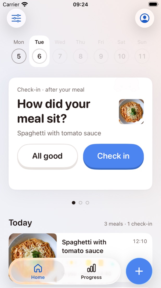 The after-meal check-in card on the Fodmi home screen